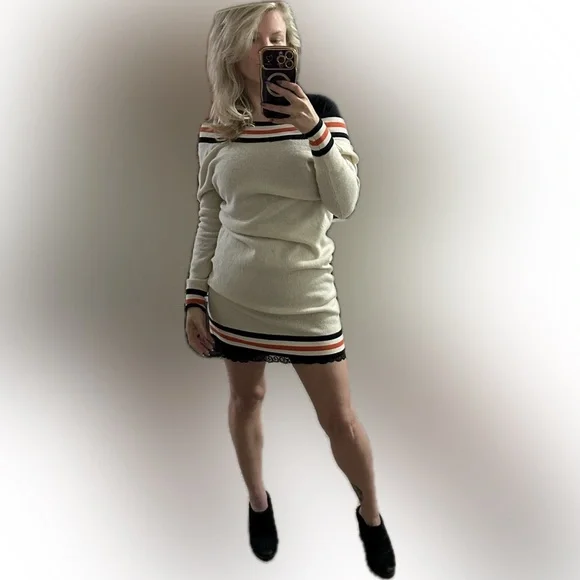 Scotch & Soda Cream Varsity-Style Sweater Dress with Coral and Navy Trim XS - Picture 9 of 9